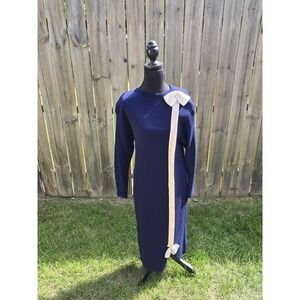 VTG 80s Mike Korwin Navy Blue Knit Midi Dress Long Sleeve Cream Statement Bow 6